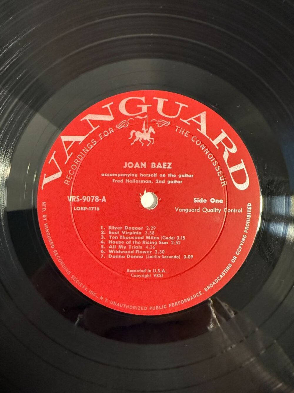 Joan Baez VRS-9078 Early (1960) 1A/1A Vanguard LP VG+ EX Play Tested Folk - Picture 8 of 14